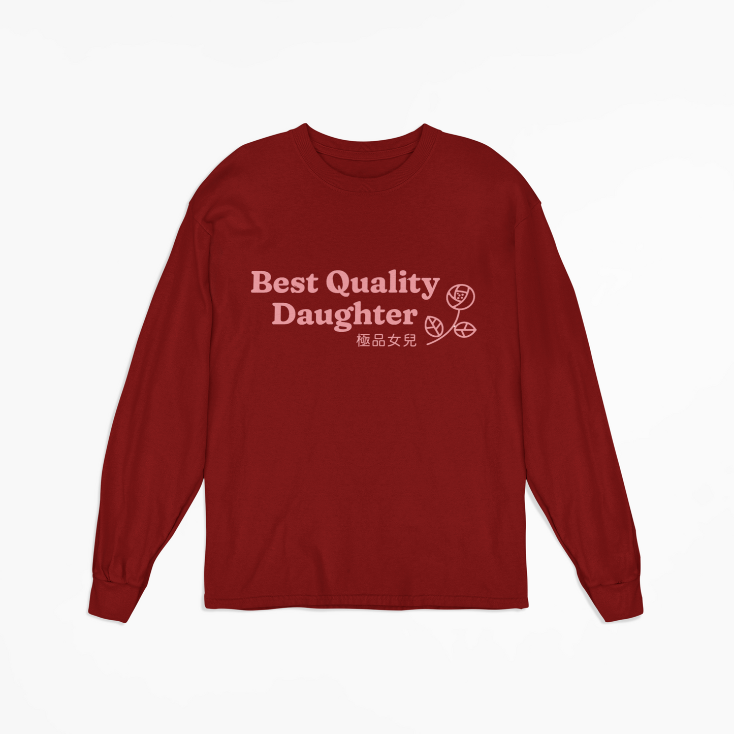 Long Sleeve T-Shirt, Pink Ink on Cardinal Red